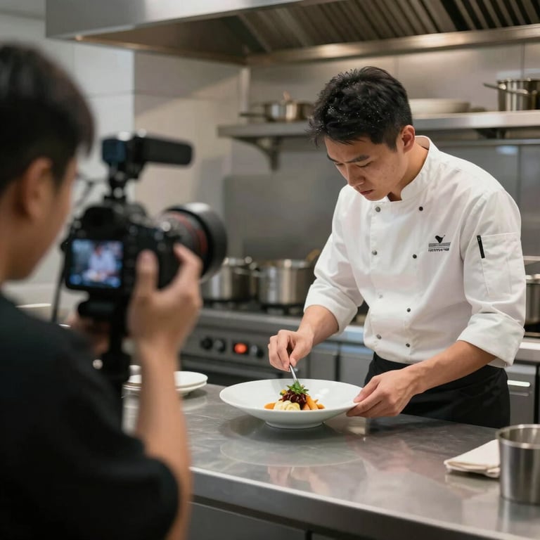 Behind-the-scenes shot of a videographer filming a chef plating a dish in a modern, minimalist restaurant kitchen.