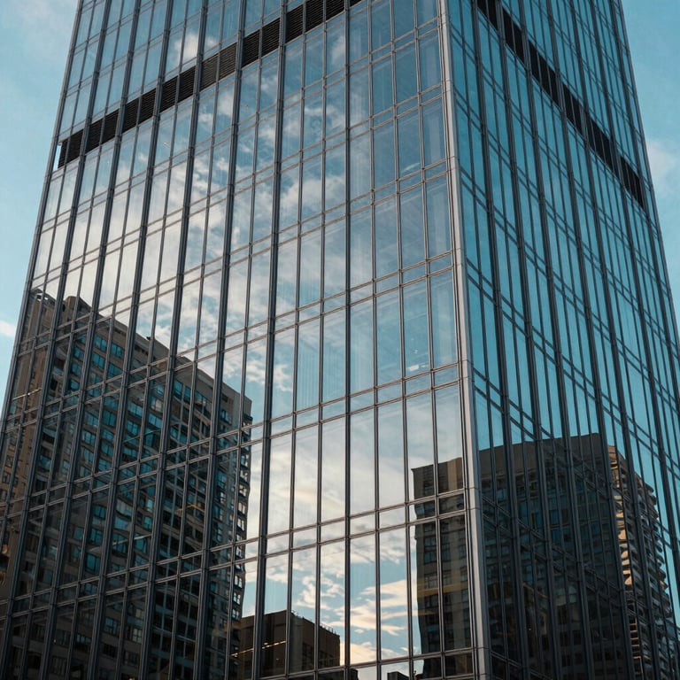 A close-up of a modern glass skyscraper facade reflecting a clear sky blue afternoon sky in a major North American city.