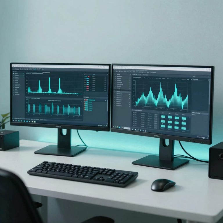 A professional workspace with dual monitors and a clean desk, bathed in soft very light cyan ambient light.