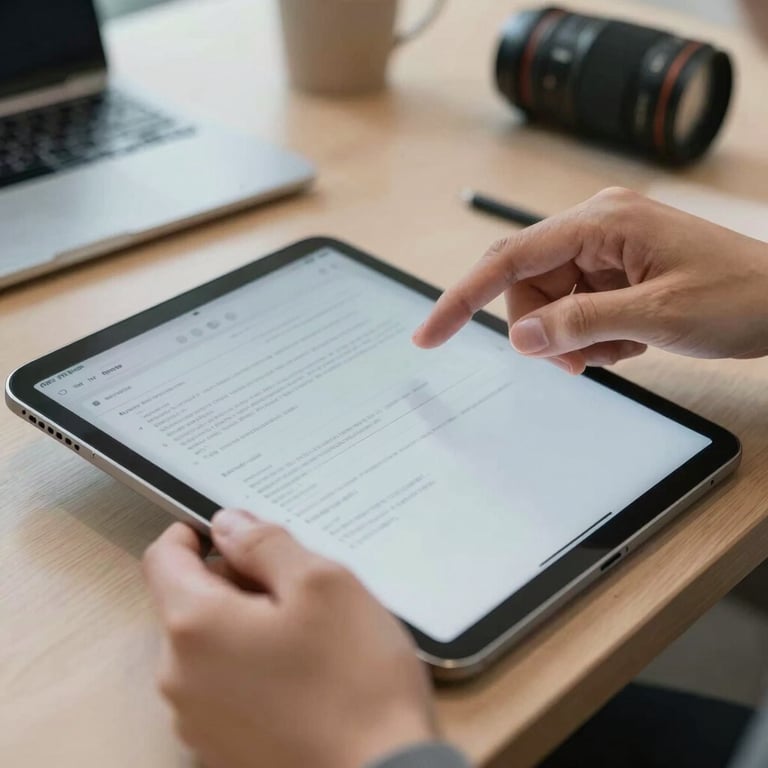 A close-up of professional hands using a sleek tablet to review digital documents in a modern North American office setting.