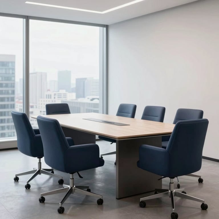 A minimalist, clean boardroom table with sleek navy chairs in a bright high-rise office building in the US.
