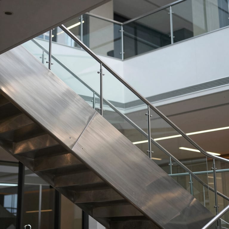 The architectural detail of a modern brushed steel and glass staircase in a professional corporate building.