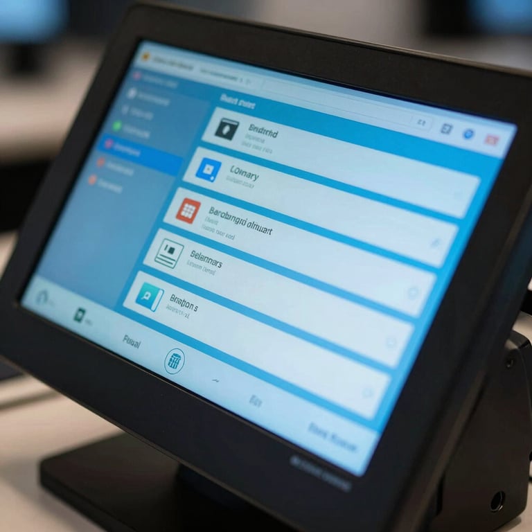 Close-up macro shot of an active POS terminal screen displaying a modern billing dashboard, vibrant cyan interface details, dark background.
