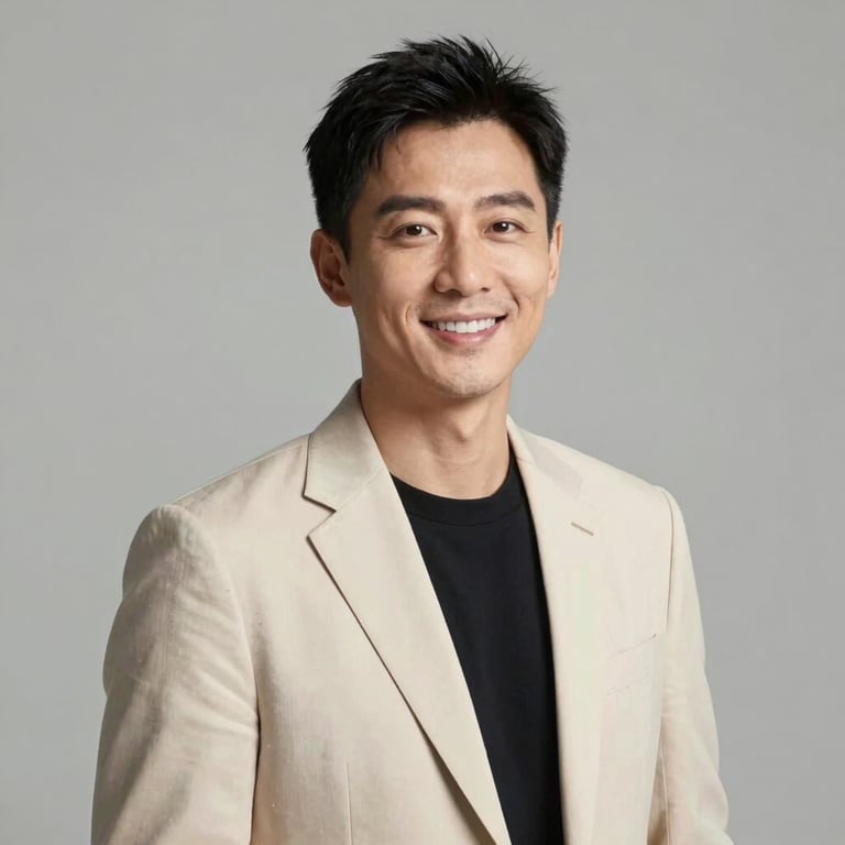 Professional portrait of a male creative director in a warm cream blazer, smiling confidently, clean minimalist background