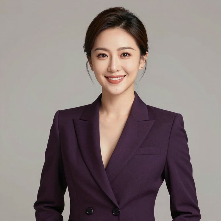 Professional portrait of a female talent manager in an elegant dark purple suit, warm and approachable expression, studio background