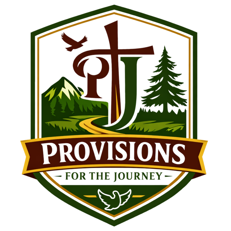 Provisions for the Journey emblem featuring a Christian cross, mountains, and pine trees in a shield logo.