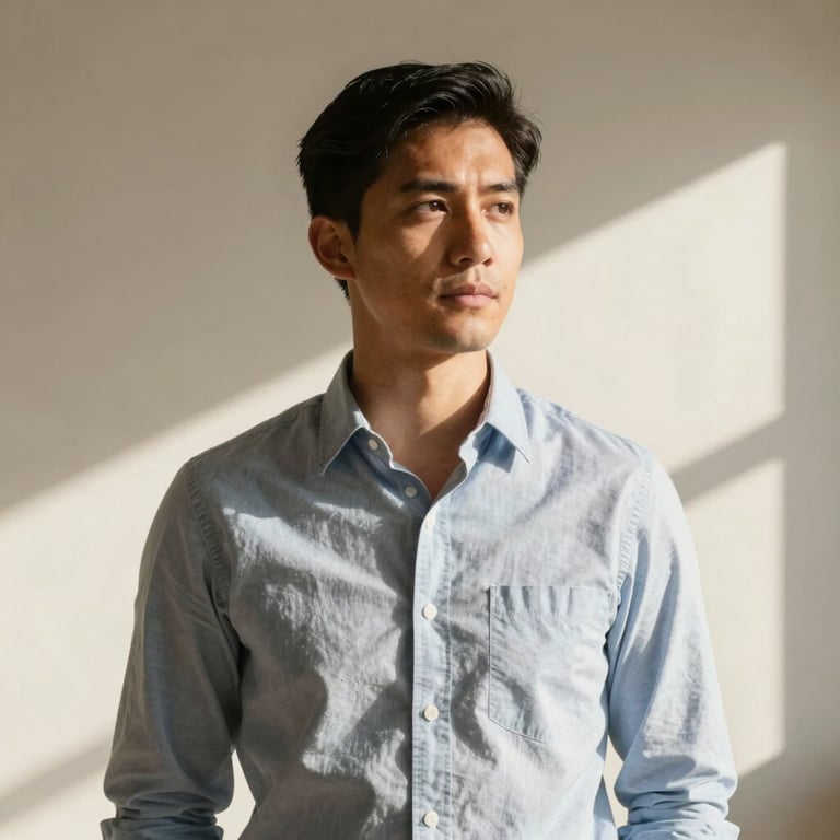 A warm, sunlit portrait of a professional accountant in a relaxed Austin studio, natural afternoon Texas light, neutral cream background, looking thoughtfully off-camera.