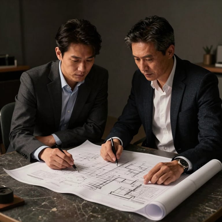 Low-key dramatic portrait of two architects reviewing blueprints on a dark stone table, warm side lighting, shadows, refined and professional studio atmosphere.