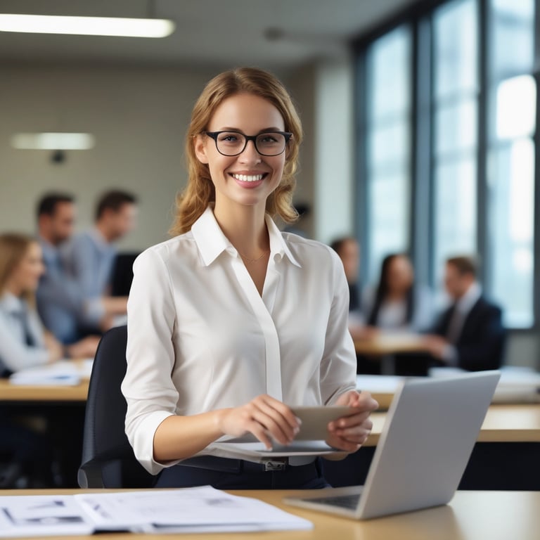 Professional team collaborating in a modern office setting.