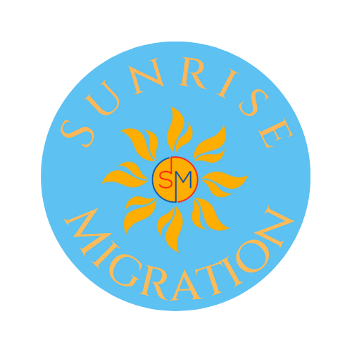 Sunrise Migration logo featuring a blue circle with a sunburst and SM initials.