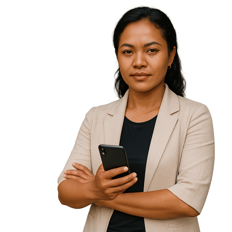 femme dirigeant entreprise malagasy tenant un téléphone