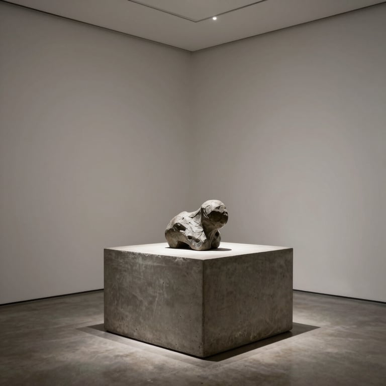 Precise 90-degree architectural angle of a minimalist gallery space, a single sculpture resting on a concrete plinth.