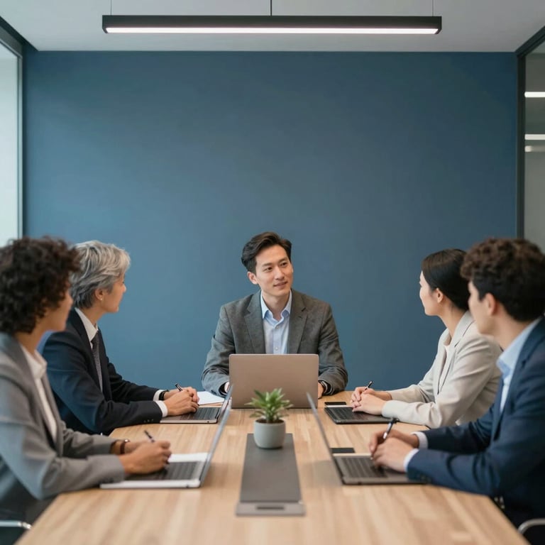 A group of diverse professionals collaborating in a modern conference room with sophisticated decor in #0A1C2C tones.