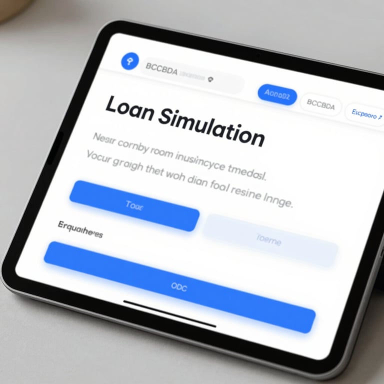 A digital tablet displaying a clean interface of a loan simulation tool, emphasizing efficiency and modern technology, with #BCCBD4 accents.