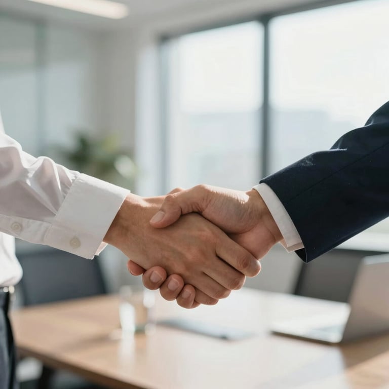 A handshake between two business individuals in a sunlit office, symbolizing partnership and client-centric values.