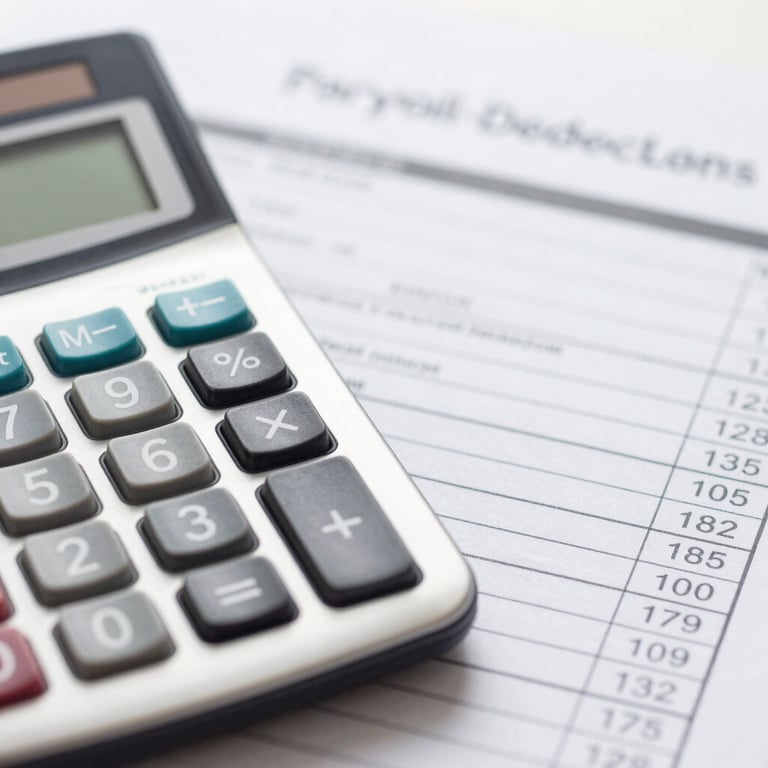 Macro shot of a calculator and financial documents, suggesting precision and professionalism in payroll-deducted loans.