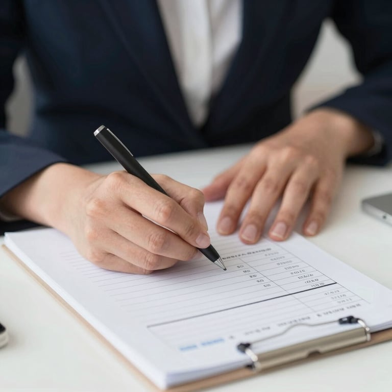 A professional woman's hands writing on a meal plan document, professional setting.