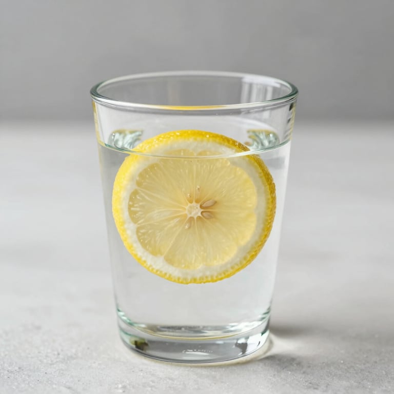 Glass of water with a slice of lemon on a clean surface, bright lighting.