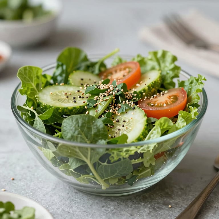 A colorful and nutritious salad bowl with vibrant greens and seeds.