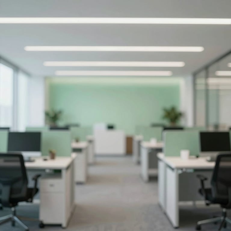 Modern office interior with clean lines and soft green accents.