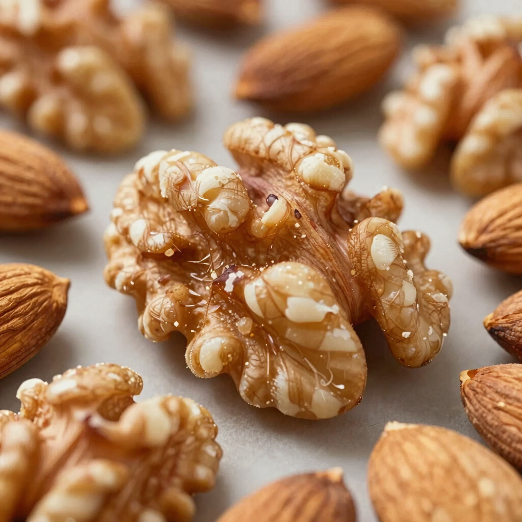 Macro shot of walnuts and almonds, symbolizing brain health and nutrition.