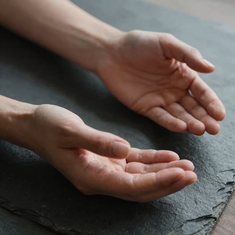 A close-up shot of a professional's hands in a poised, meditative gesture, soft natural light on a charcoal stone surface. North American / US.