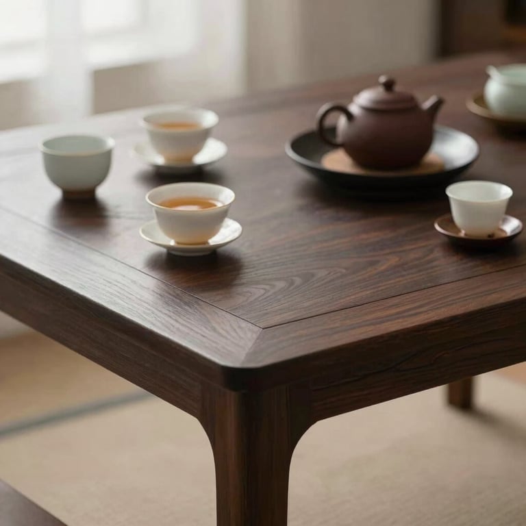 Detail of a traditional tea service on a minimalist dark wood table, representing calm and recovery. North American / US.