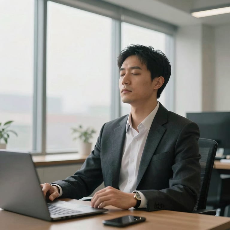 A focused professional in a modern office environment taking a moment for breathwork, serene morning light through a large window. North American / US.