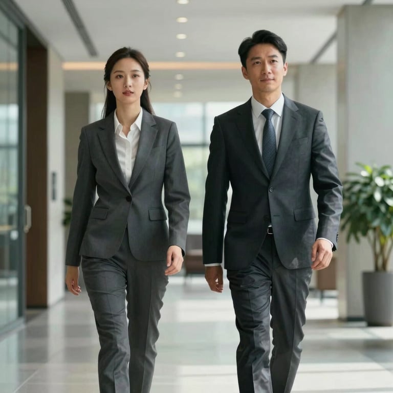 Two professionals in sharp business attire walking through a modern corporate lobby with a professional and trustworthy demeanor.