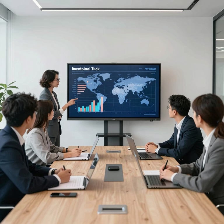 A bright, minimalist office meeting room where a team of professionals reviews market trends on a large screen, International context.