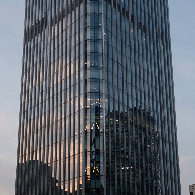 An architectural shot of a modern financial center's glass facade reflecting a soft grey-blue sky at morning.