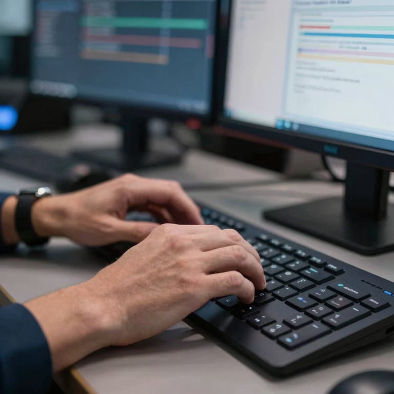 A close-up of a professional trader's hands navigating a multi-screen setup with sleek dark navy hardware, North American setting.