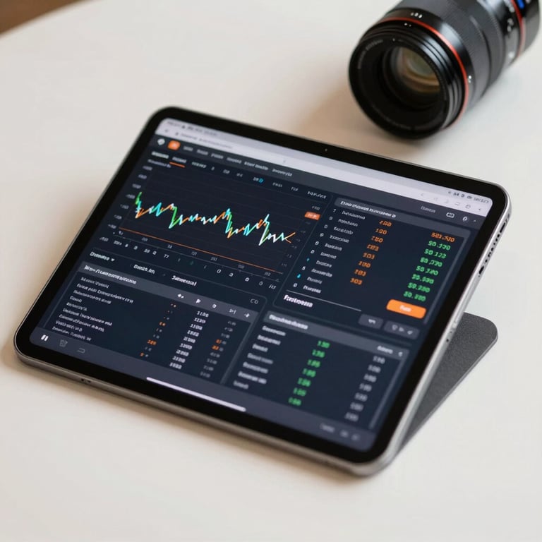 A focused macro photograph of a professional tablet displaying a sophisticated trading dashboard on a clean off-white desk.