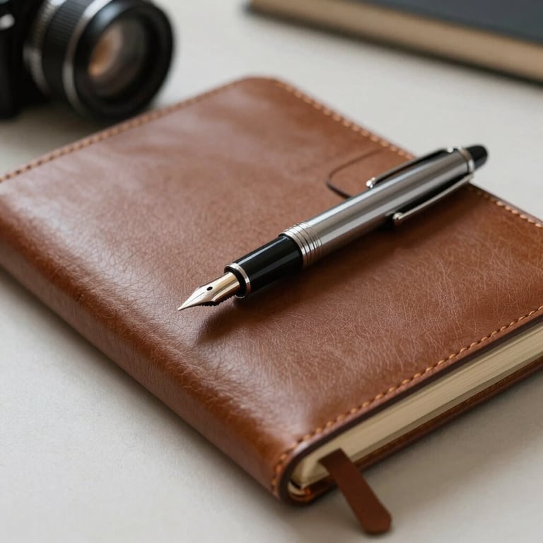 A leather-bound notebook and a premium fountain pen resting on a desk, symbolizing detailed financial planning and expertise.