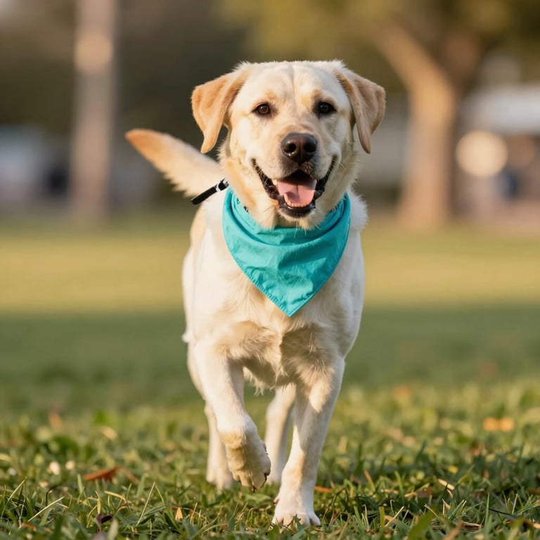 Un alegre labrador amarillo corriendo sobre hierba verde con un pañuelo azul para perros.