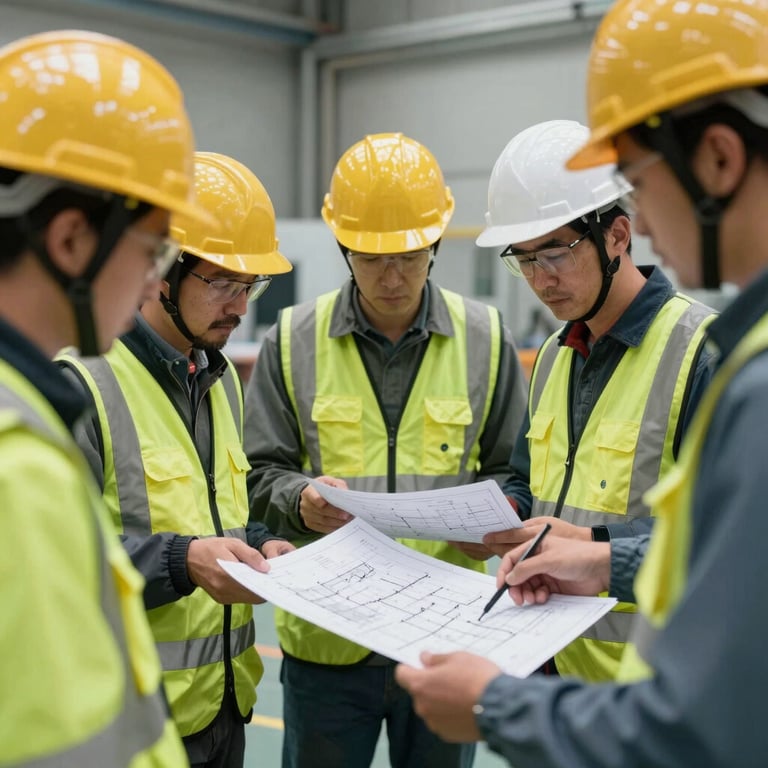 A team of experts in specialized gear reviewing technical blueprints on-site.