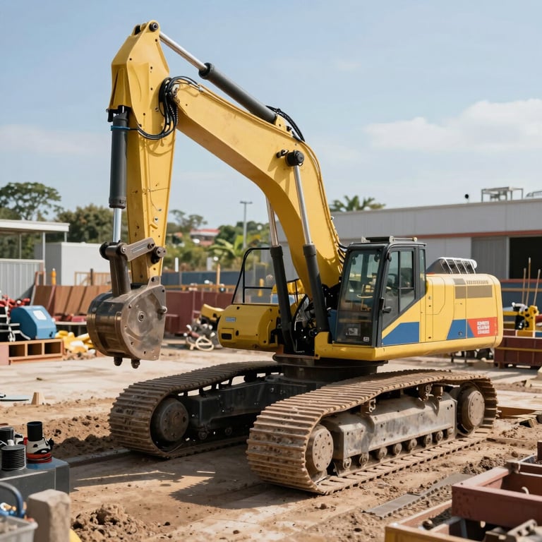 Complex foundation work using advanced hydraulic equipment under bright sun.