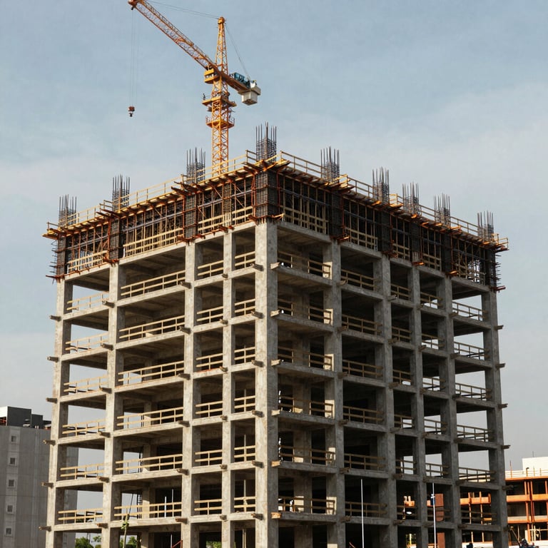 Structural reinforcement work at a large scale South American commercial building site.