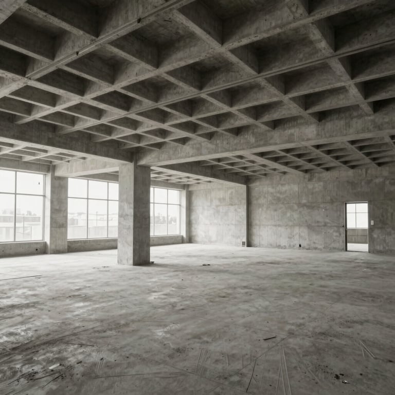 An interior shot of a modern commercial space under construction, showing structural integrity and clean concrete.