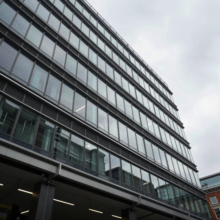A low-angle shot of a newly finished commercial office block in the UK, featuring steel and glass architecture.