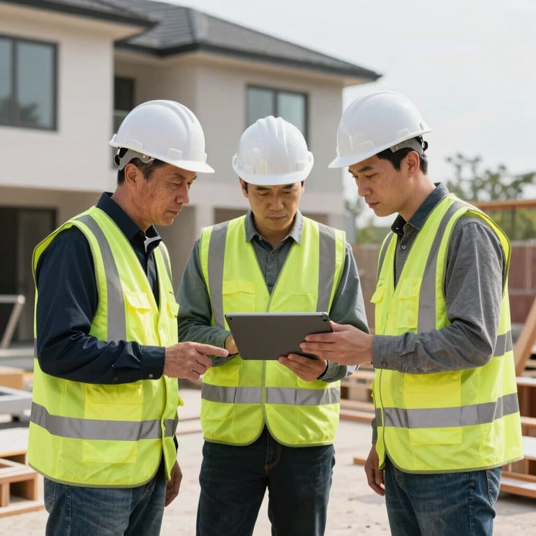A team of professional builders in high-visibility vests conferring over a tablet on a residential site.