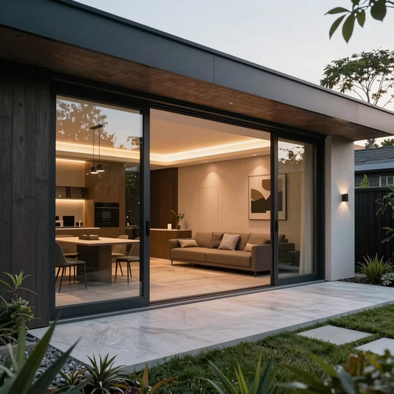 A sleek, modern domestic extension completed with large bi-fold doors and professional landscaping.