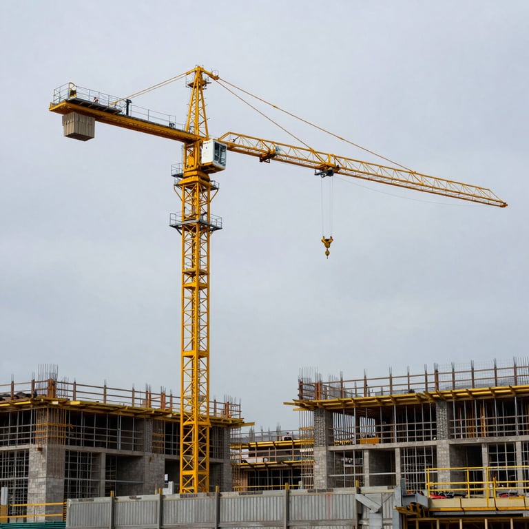 A large yellow crane operating on a safe and tidy construction site under a light gray British sky.