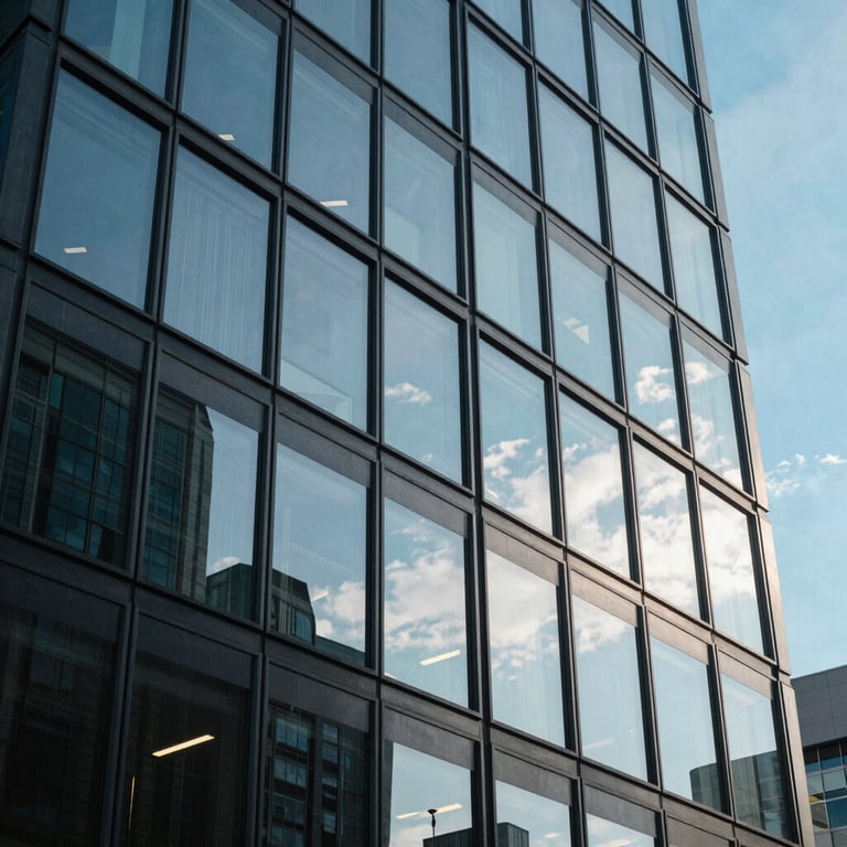 A modern office building with glass windows reflecting a bright blue sky, symbolizing innovation and forward-thinking growth.
