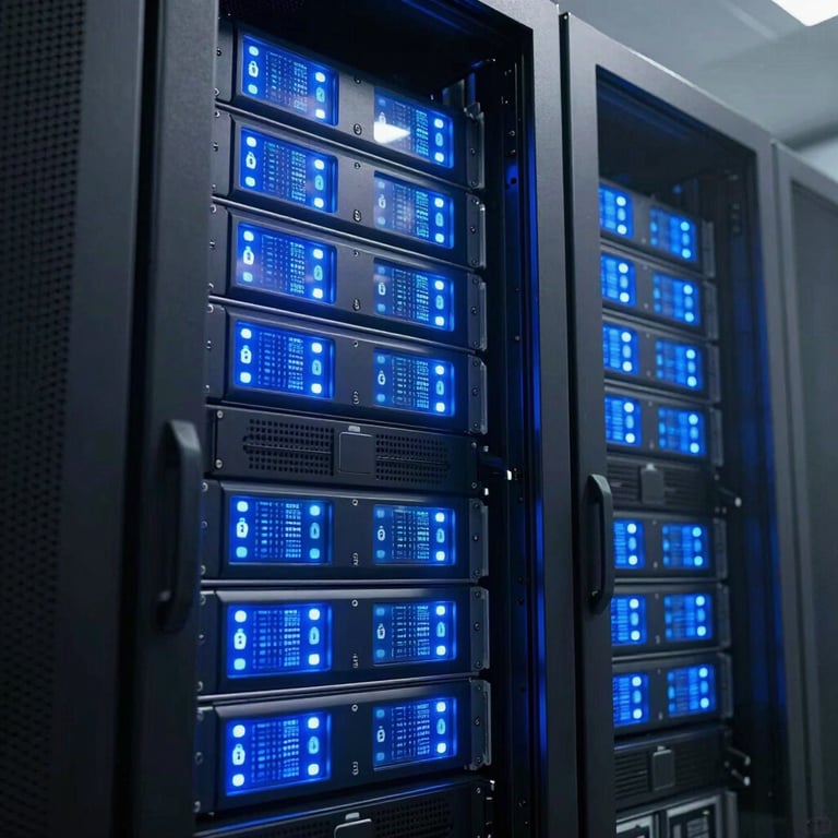 A high-tech server room with glowing blue lights representing secure healthcare data management.