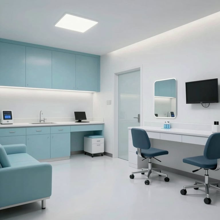 A clean, modern medical clinic interior in the US, featuring minimalist furniture and light blue accents.