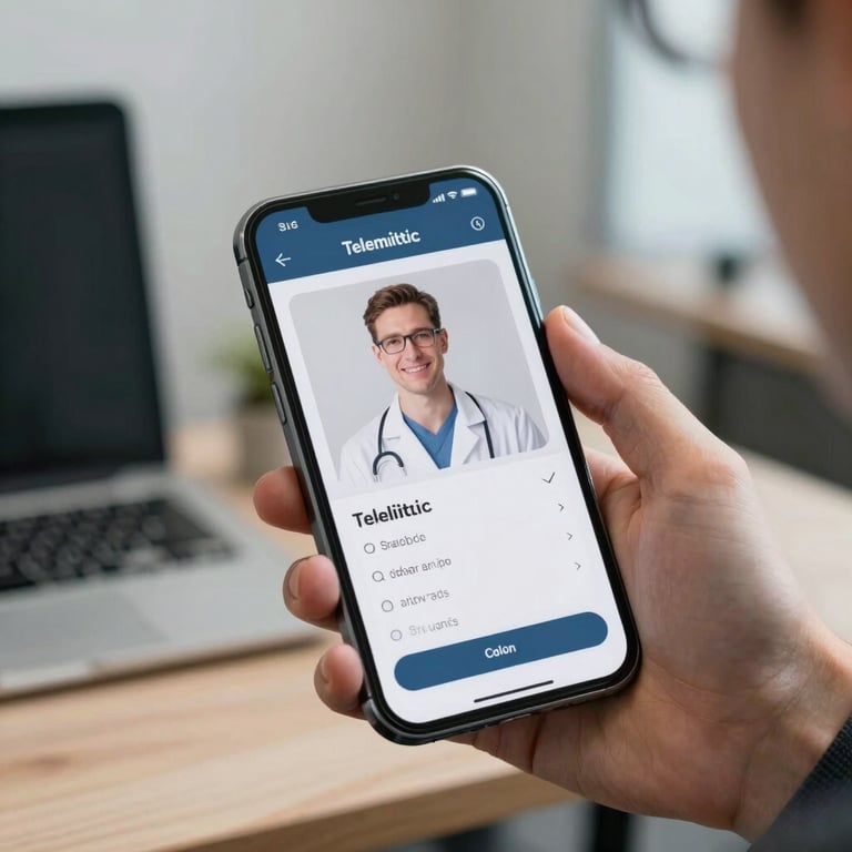 A sleek smartphone showing a modern telemedicine app interface held in a professional North American office environment.
