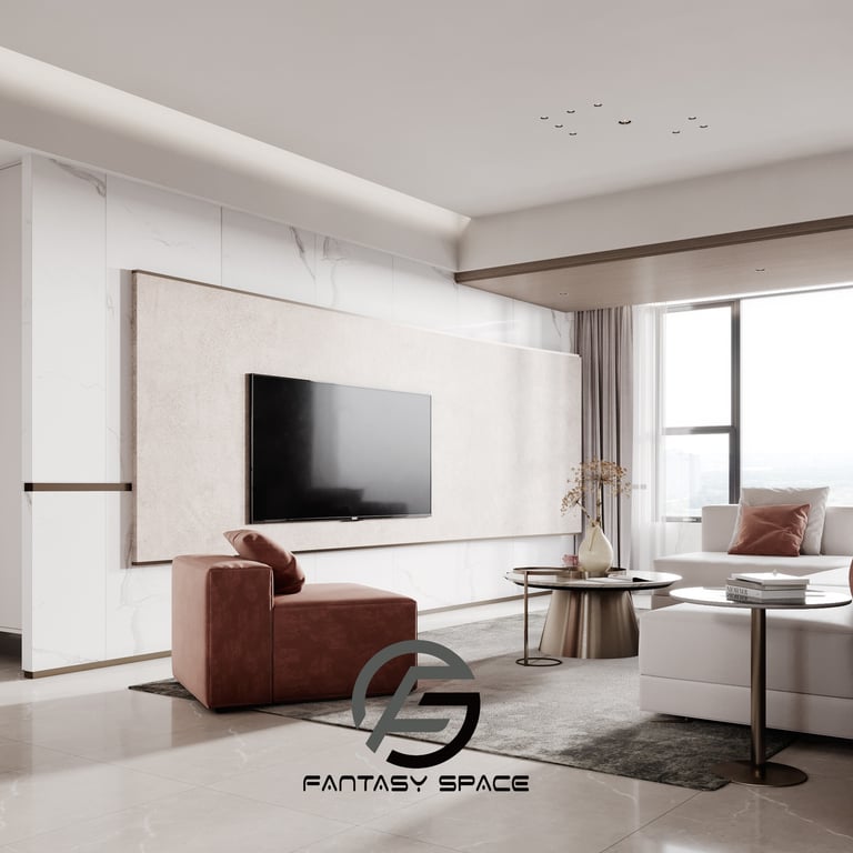 輕奢風格室內設計-大理石電視牆與金屬裝飾客廳案例-幻想空間