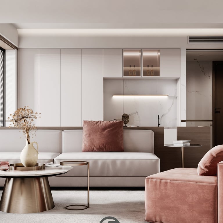 輕奢風格室內設計-大理石電視牆與金屬裝飾客廳案例-幻想空間