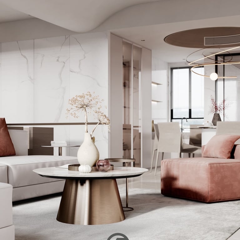 輕奢風格室內設計-大理石電視牆與金屬裝飾客廳案例-幻想空間